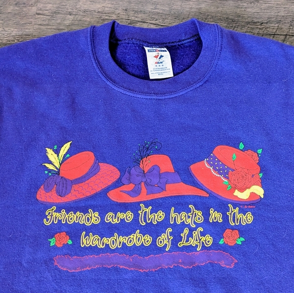 Vintage Single Stitch Purple Friends Are The Hats Crewneck Sweatshirt 1990s Sz M - Picture 2 of 7